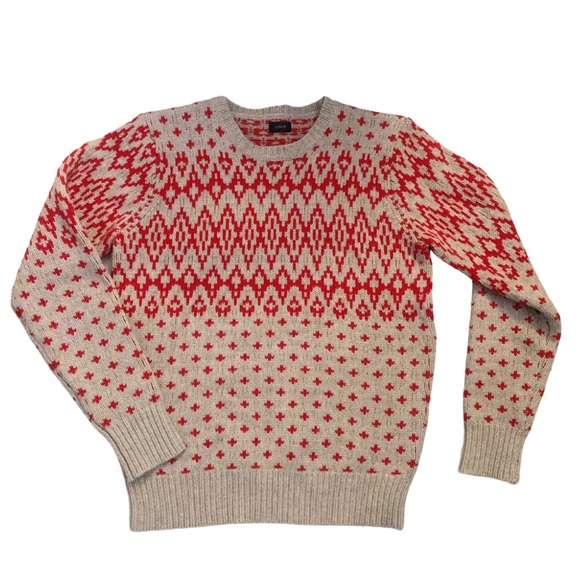 J. Crew Relaxed Wool Beige Red Chunky Sweater Crewneck Size Small Christmas - Picture 1 of 7